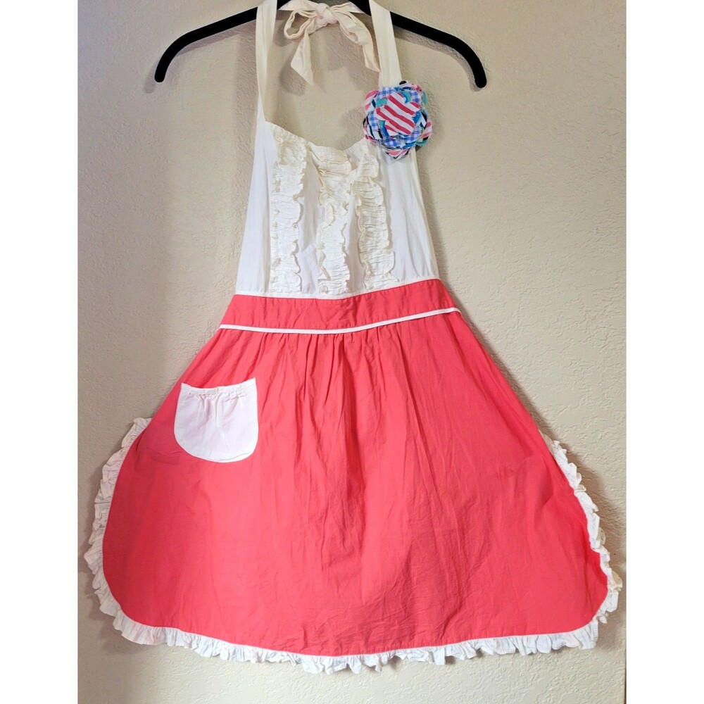Rare Anthropologie Tea & Crumpets Red / Pink & White Hostess Apron Pocket Ruffle - Picture 4 of 11